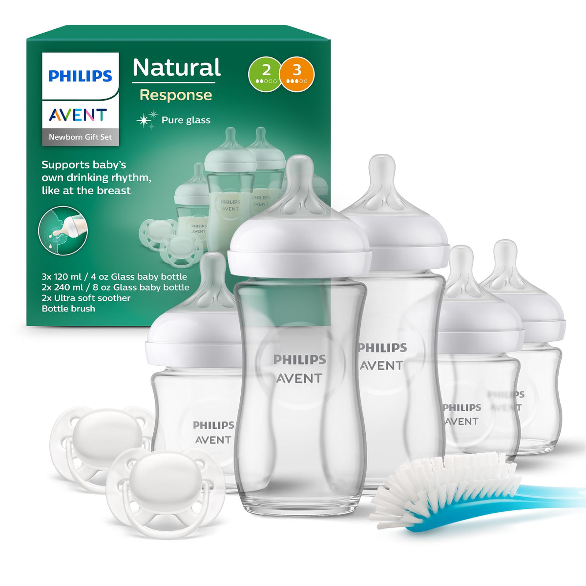 Philips AVENT Natural Response Glas Babyflaschen Geschenkset Neugeborene: Klare Glasflaschen. Für natürliche Saugreaktion und Fütterung von Neugeborenen.