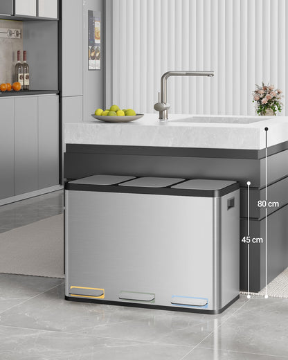 Hzuaneri Mülleimer Küche 3 x 15 L, Edelstahl Tretmülleimer Silber