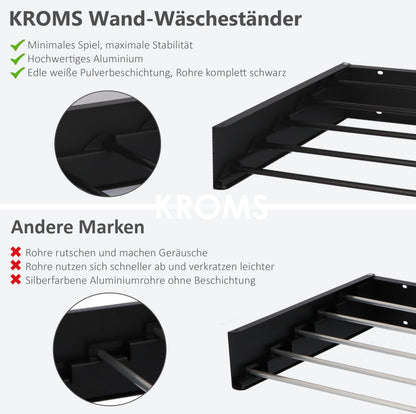 KROMS Wandwäscheständer ausziehbar XL Schwarz, 6 m Trockenlänge