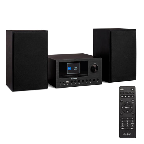 MEDION P85003 Micro Audio System – Internetradio DAB+ Bluetooth. Kompaktes, schwarzes Audiosystem zur Wiedergabe von Radio und Streaming-Audio.