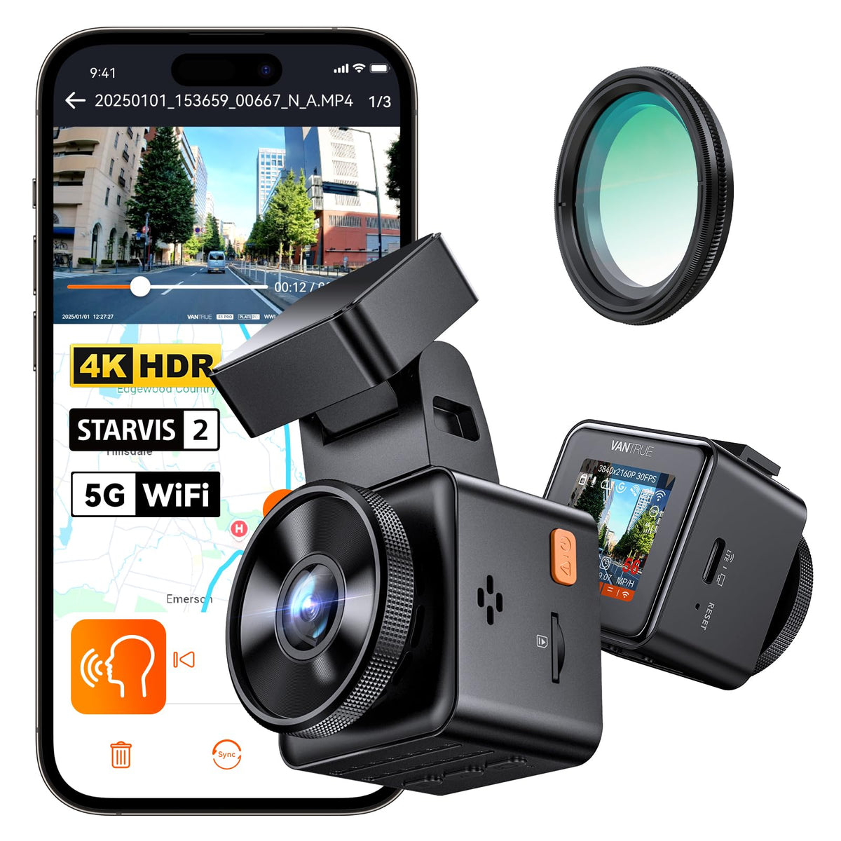 VANTRUE E1 Pro 4K HDR Dashcam mit STARVIS 2, GPS und Sprachsteuerung, Mini-Design mit Display