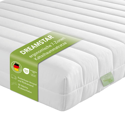 DREAMSTAR Easy Flex: Weiße, rechteckige 7-Zonen Kaltschaummatratze (H2/H3) für ergonomische Körperanpassung beim Schlaf.