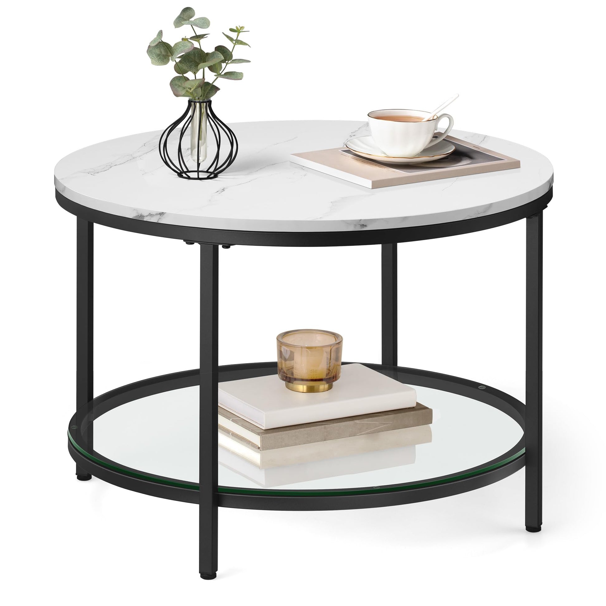 VASAGLE LCT072W13 Couchtisch Glasplatte marmorweiss-tintenschwarz. Rechteckig, mit Marmor-Glasplatte und tintenschwarzem Gestell. Ablagetisch für Wohnzimmer.
