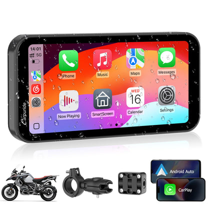 Carpuride W603 Motorrad-Display für CarPlay/Android Auto - 6.3 Zoll. Schwarzes Rechteck für Navigation, Musik, Anrufe.