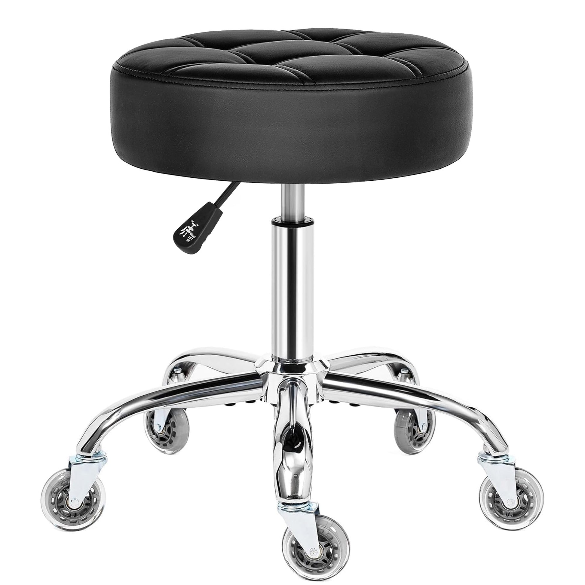 BEWISHOME Rollhocker EBYD01B. Schwarzer Rollhocker mit 5 Rollen. Höhenverstellbar und drehbar, ideal für flexible Arbeiten.