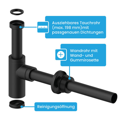 Bächlein Design Siphon Universal für Waschbecken, matt schwarz