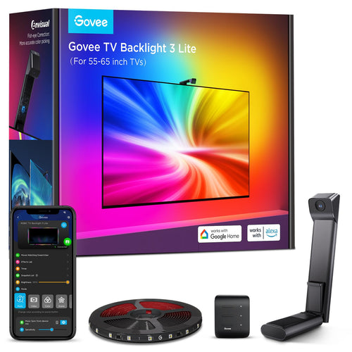 Govee 3 Lite TV Beleuchtung LED Strip mit Kamera - 55-65 Zoll. LED-Leiste und Kamera zur dynamischen Farbsynchronisation.
