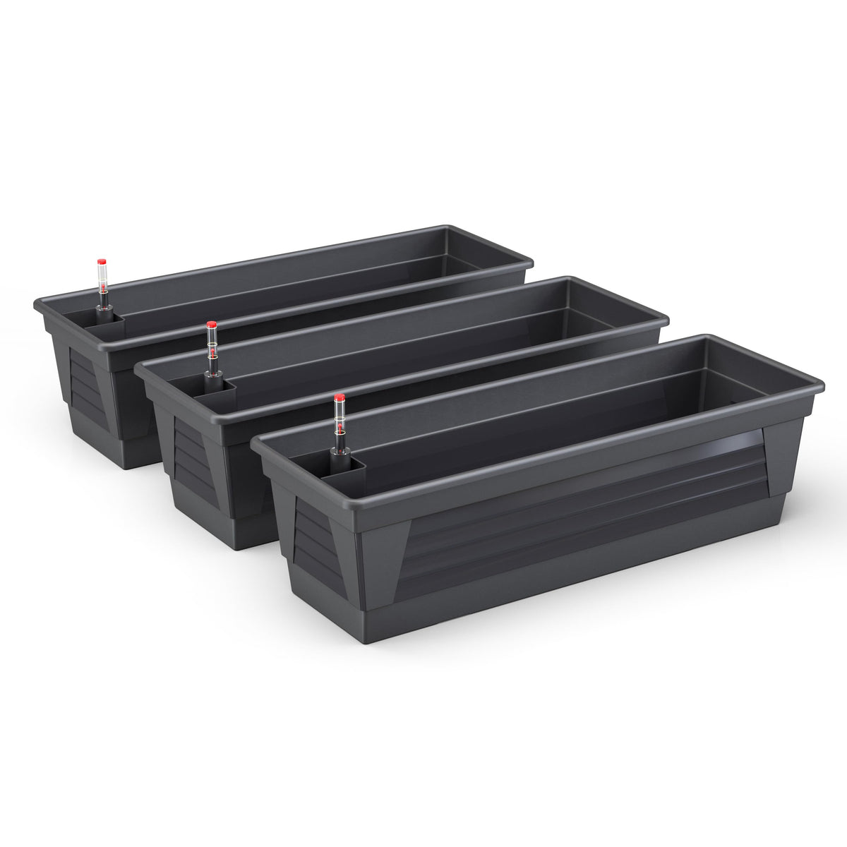 Plastard Milano Blumenkasten 3er Set, 100 cm, Anthrazit – rechteckige Kästen mit Wasserstandsanzeige