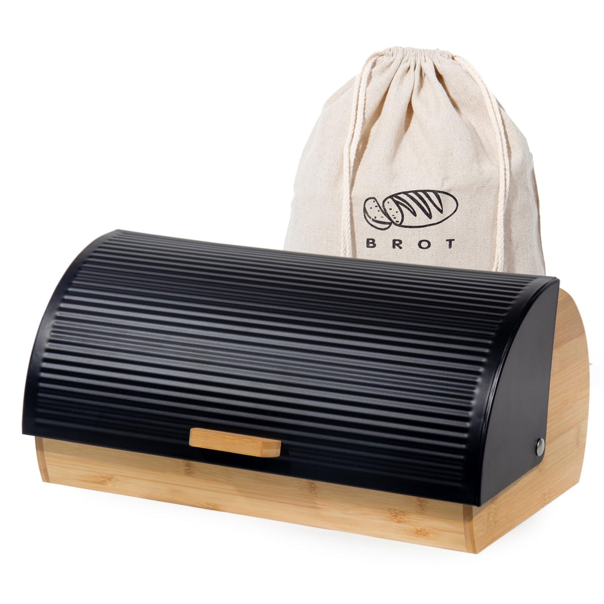 GREELUE Brotkasten Metall Bambus, Brotbox mit Deckel, schwarz, 39 cm