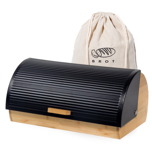GREELUE Brotkasten Metall Bambus, Brotbox mit Deckel, schwarz, 39 cm