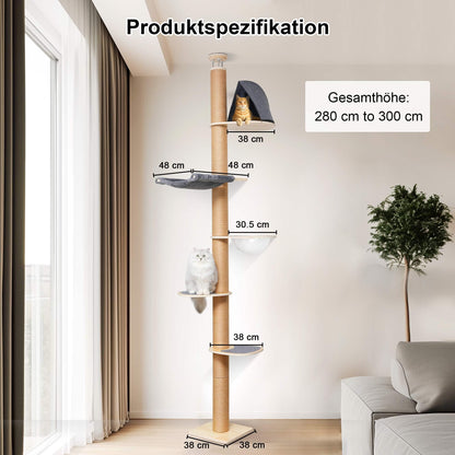 FUKUMARU Kratzbaum AT11, deckenhoch, 6 Etagen, Gummibaumholz, grau