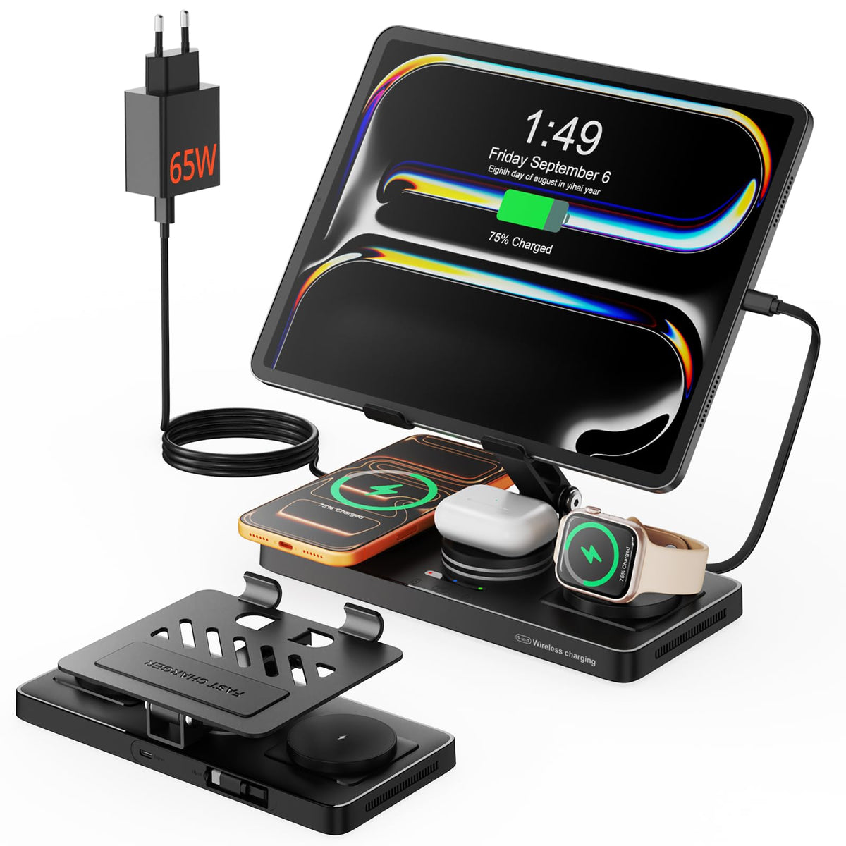 GEEKERA 4-in-1 Ladestation für Apple mit 65 W Netzteil, schwarz, Metallgehäuse, lädt iPhone, Apple Watch und AirPods
