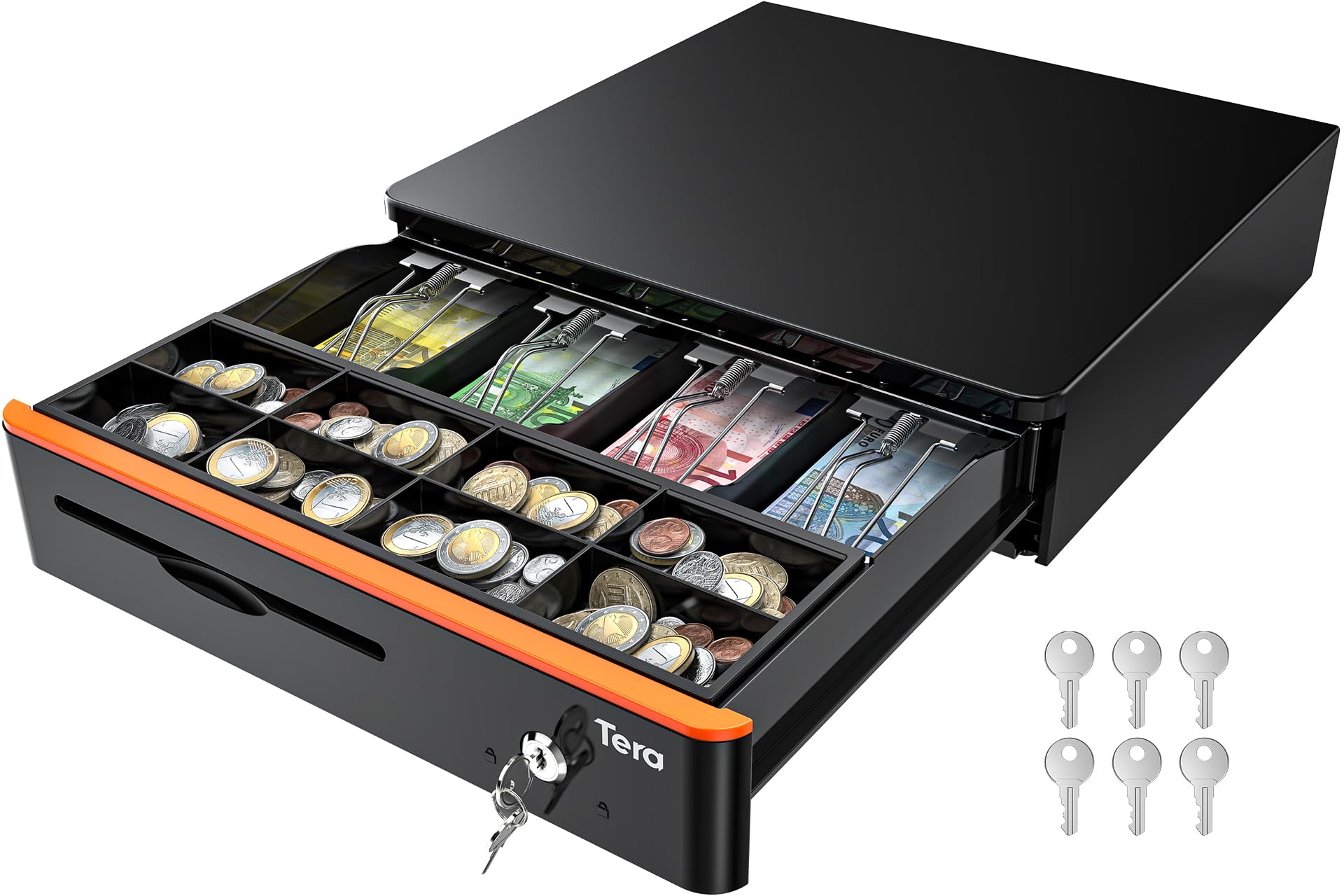 Tera POS Kassenlade 405R abschliessbar RJ12 - 5 Scheine, 8 Münzen. Schwarze Lade zur sicheren Bargeldverwaltung am POS-System (RJ12).