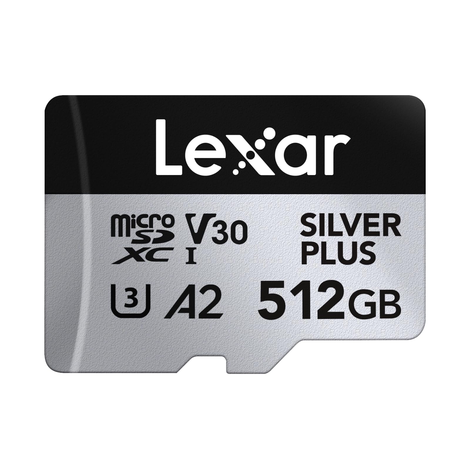 Lexar Silver Plus Micro SD Speicherkarte 512GB - UHS-I A2, rechteckig, silber, zur Datenspeicherung für Mobilgeräte.