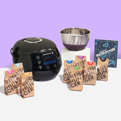 REISHUNGER Starter Set Digital-Reiskocher & Dampfgarer Schwarz mit Reis