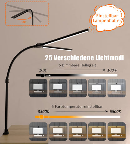 LOTTBUTY Doppelkopf LED-Schreibtischlampe, dimmbar, klemmbar, schwarz