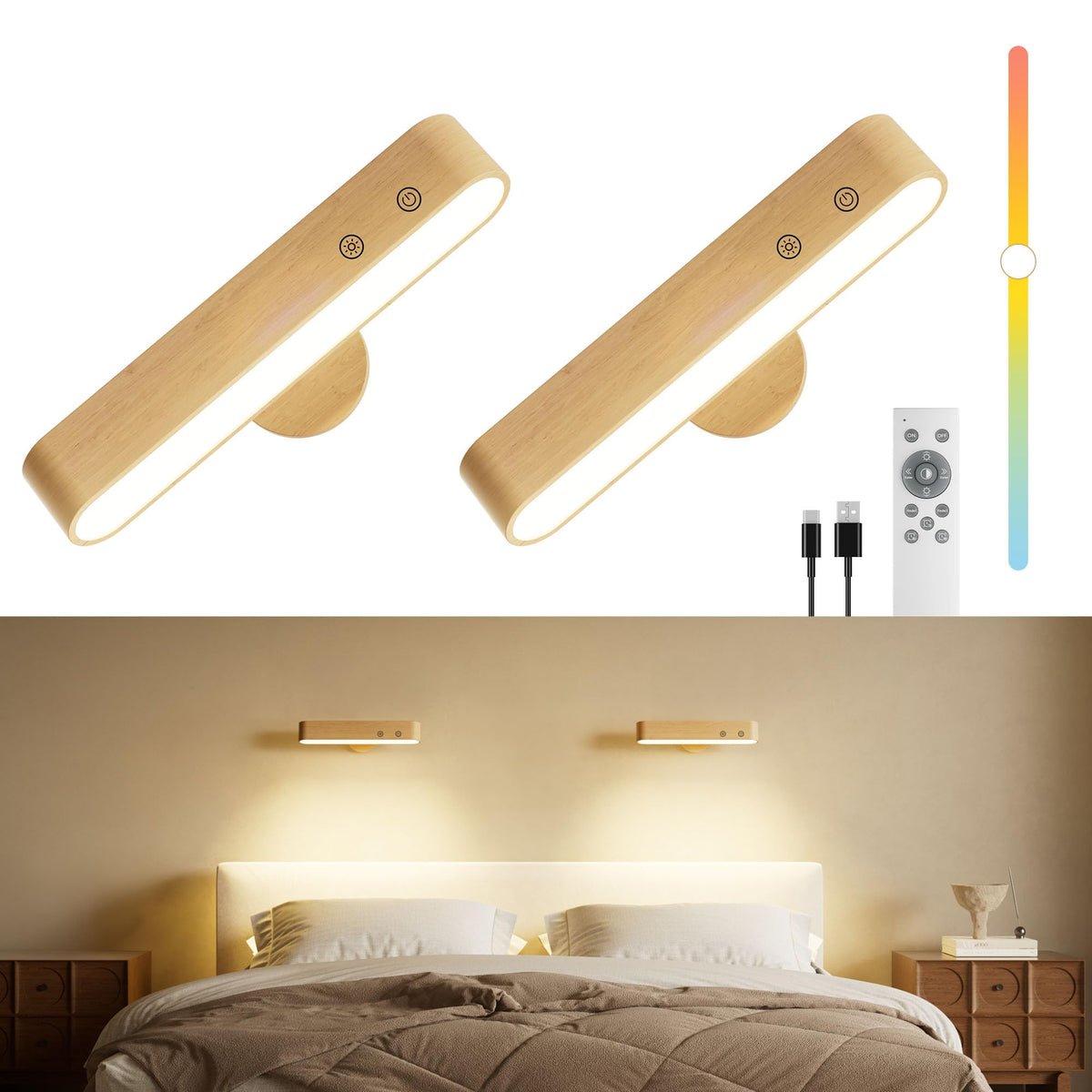 FULNIX Akku-Wandleuchte Holz, 7500 mAh, RGB, dimmbar, Fernbedienung – Massivholz-Gehäuse, 360° drehbare Magnethalterung