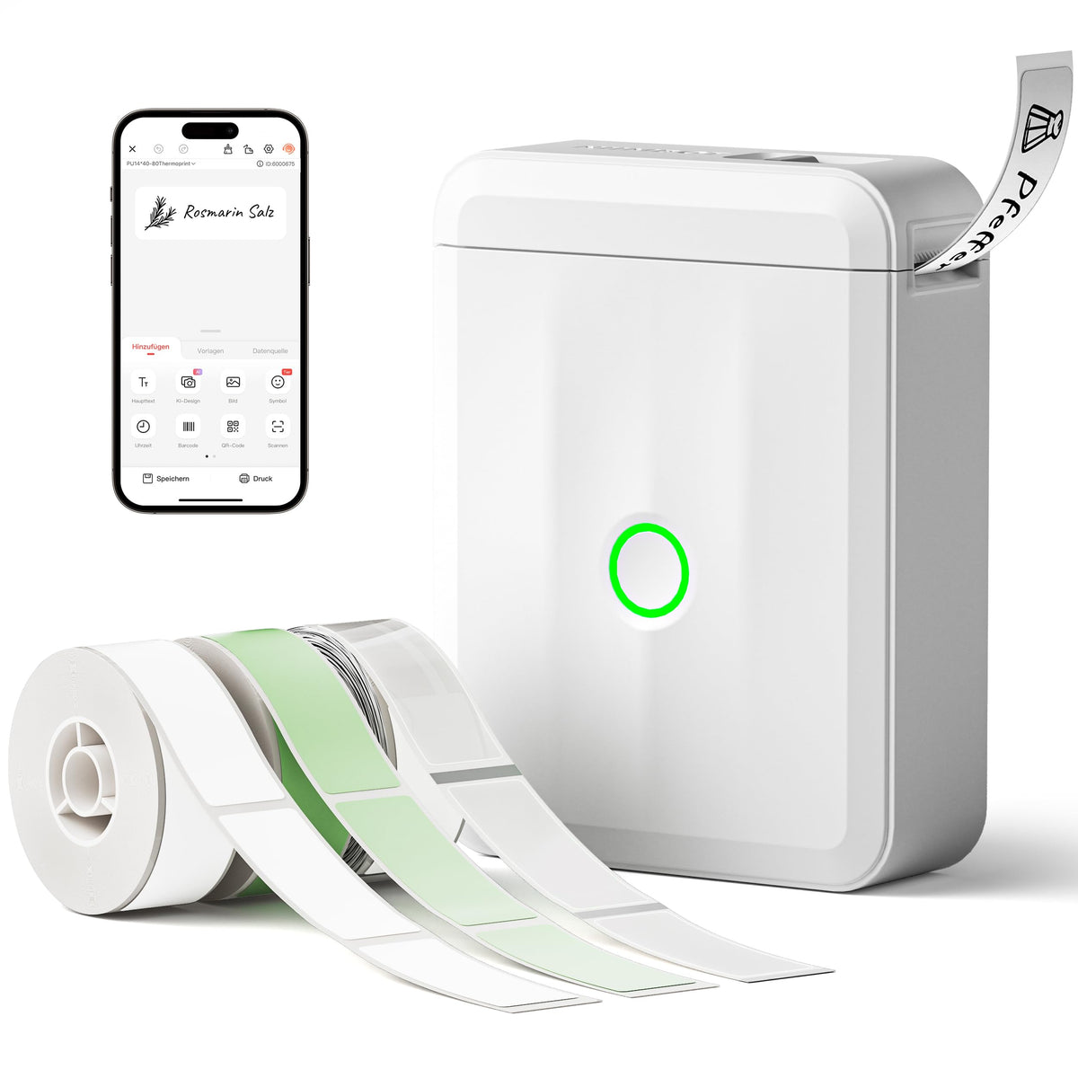 NIIMBOT D110 Bluetooth Etikettendrucker mit 3 Etikettenrollen, weiss
