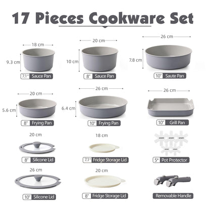 SENSARTE Keramik Kochgeschirr-Set 17-teilig, abnehmbarer Griff, grau