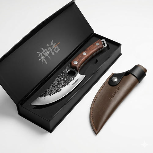 Matsato Küchenmesser mit Lederscheide, japanischer Stahl, 15 cm – Eichenholzgriff