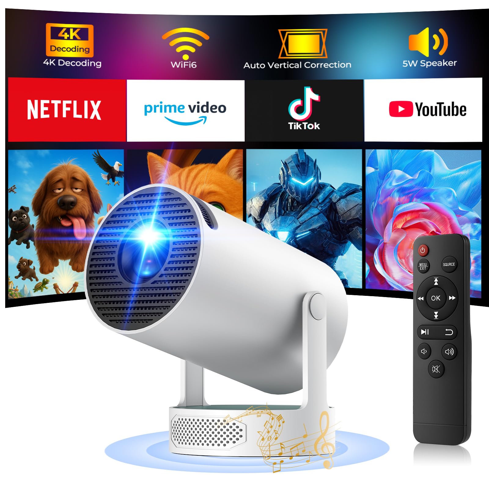Smart Mini Beamer Tragbar Heimkino - Android 11 4K: Kompakter, schwarzer Projektor. Projiziert 4K-Inhalte für mobiles Heimkino.