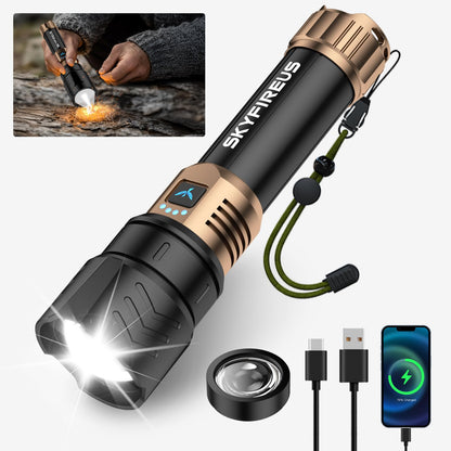 SKYFIRE LED Taschenlampe 5000 Lumen, USB-C aufladbar, zoombar mit Aluminiumgehäuse