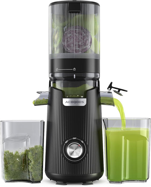 ACOQOOS Slow Juicer für ganze Früchte, 1.8L – Schwarz. Vertikales, schwarzes Standgerät. Entsaftet ganze Früchte und Gemüse schonend mittels Kaltpressung.