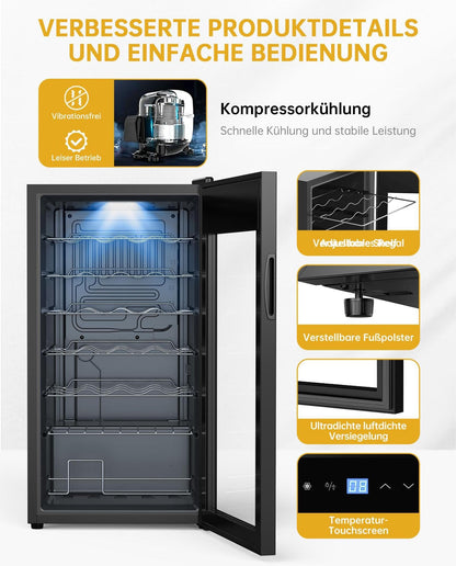 WIE Weinkühlschrank 82 Liter für 28 Flaschen, Kompressor, 5–18 °C