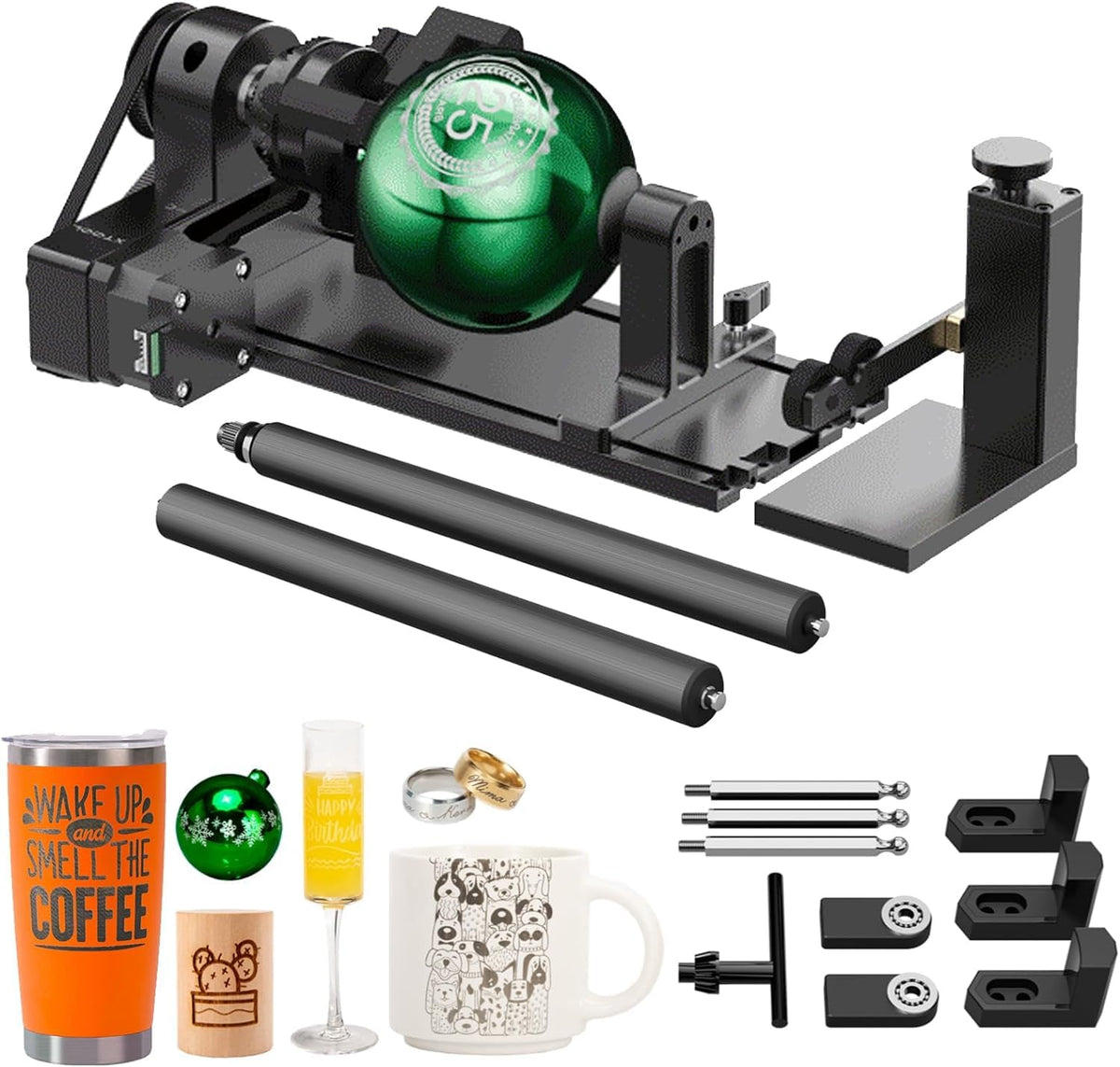 xTool RA2 Pro Rotationsachse für zylindrische Laser Gravuren. Schwarz, mit Rollen. Ermöglicht 360°-Gravuren auf Zylindern.