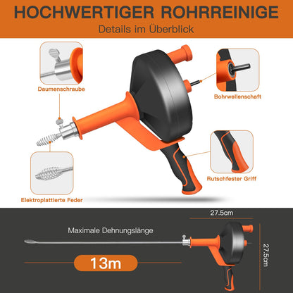 RISEMART Rohrreinigungsspirale 13 m Abflussspirale mit Bohraufsatz