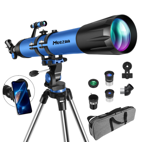 MEEZAA Refraktor Teleskop 90/800mm AZ – Astronomie für Erwachsene. Schwarzer Refraktor auf AZ-Montierung zur Himmelsbeobachtung.
