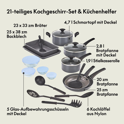 BELLA Antihaft-Kochgeschirr-Set 21-teilig mit Glasdeckeln, schwarz