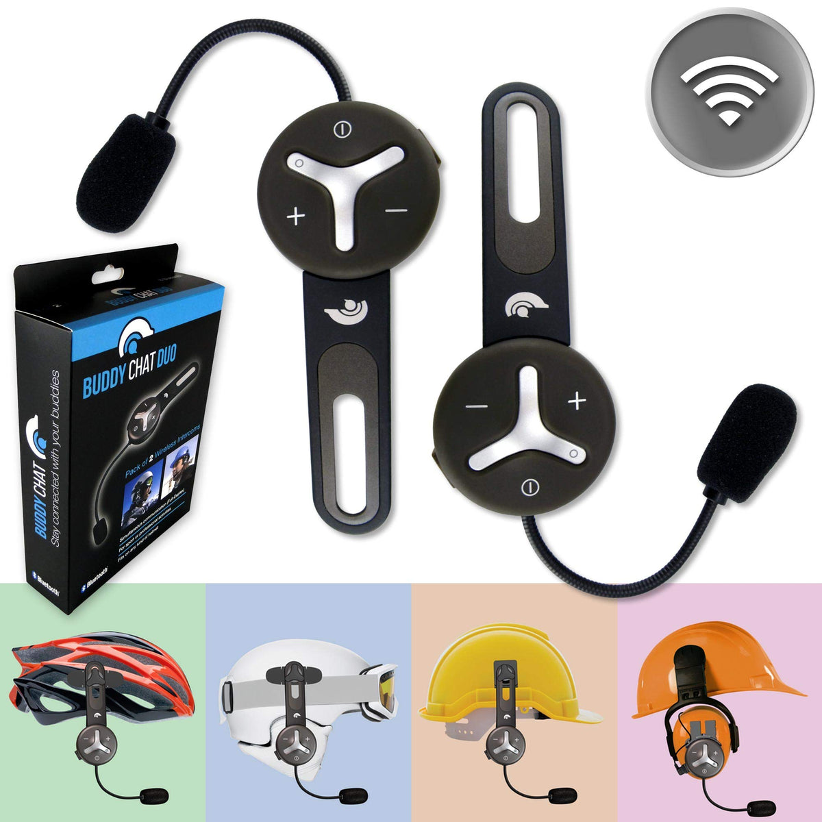 BuddyChat Duo Bluetooth Intercom Headset 2er-Set für Helme, DSP-Geräuschunterdrückung und Klebehalterung
