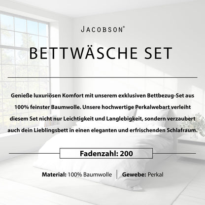 JACOBSON Bettwäsche Set 200x200 cm Perkal Baumwolle 3-teilig Weiss
