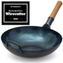 YOSUKATA Voreingebrannter Karbonstahl Wok Pfanne - 34cm Flacher Boden. Runde, schwarze Pfanne. Ideal zum Braten bei hoher Hitze.