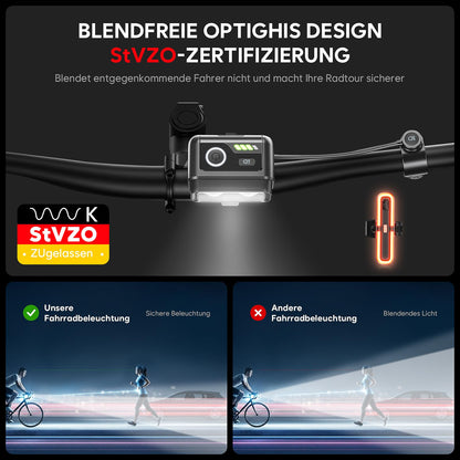 Jobapany Fahrradlicht Set 100 Lux, StVZO, Rücklicht mit Bremslicht