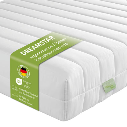 DREAMSTAR Easy Flex 7-Zonen Kaltschaummatratze H2/H3 90x200 cm. Helle Matratze für ergonomische Körperunterstützung.