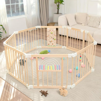 FUN KEKEKE Baby Laufstall aus Holz, faltbar, 146 x 146 x 61 cm – quadratische Form, mit abschliessbarer Türe