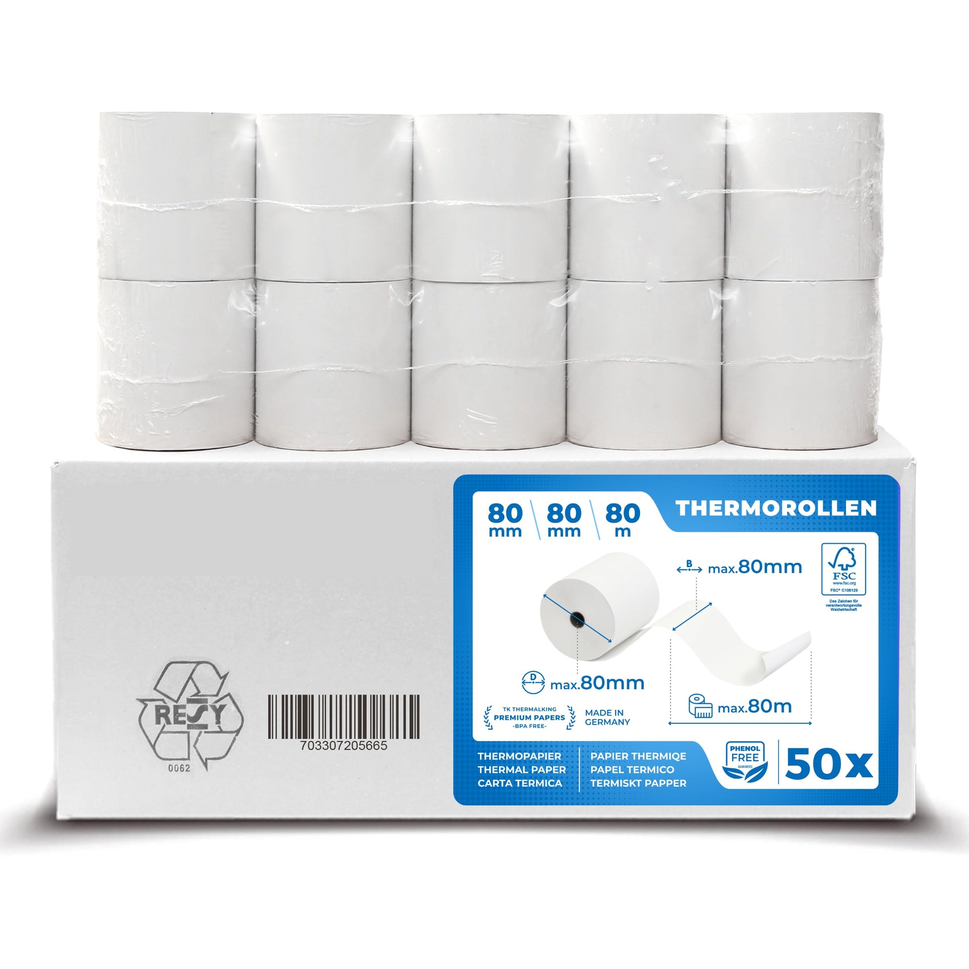 THERMALKING Thermorollen 80x80x12mm – Bonrollen Thermopapier. Weiße Thermopapier-Rolle für Belegdruck in Kassensystemen und Belegdruckern.