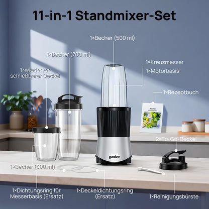 Ganiza Smoothie Maker CB08, 900 W Mini-Standmixer mit 3 To-Go-Bechern