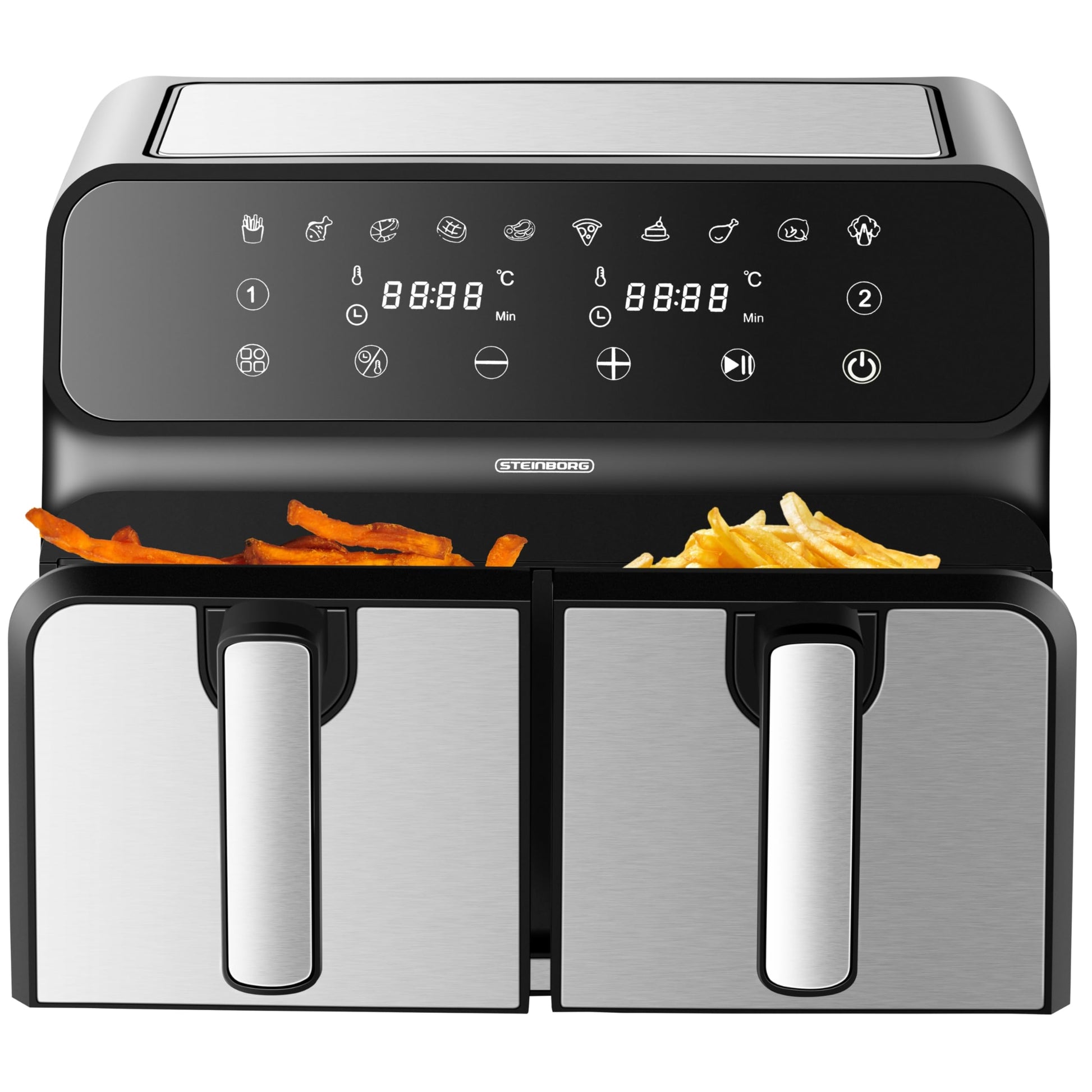 Profi Dual Heissluftfritteuse 4-in-1 – Mit 2 unabhängigen Kammern. Schwarze Fritteuse mit 2 Kammern, simultan frittieren/garen.