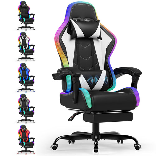 Devoko LED Gaming Stuhl ergonomisch Massagefunktion - Weiss. Weisser Gaming Stuhl mit LED-Beleuchtung für langes, komfortables Sitzen beim Gaming.