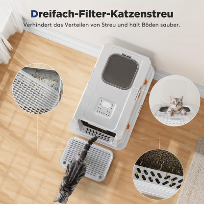 MIXJOY Katzenklo XXL Edelstahl mit Deckel, zwei Eingänge, 59x38x39 cm