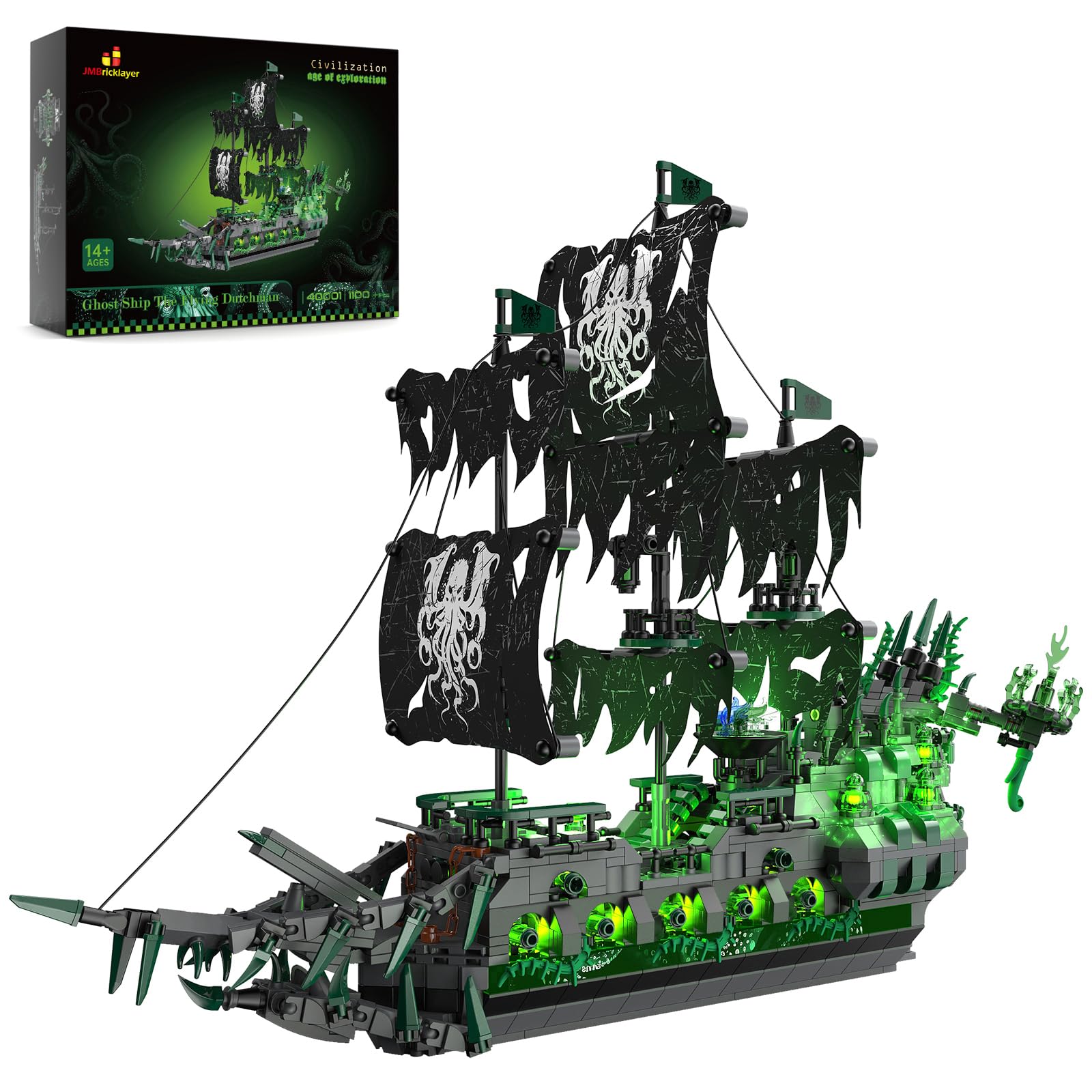 JMBricklayer Flying Dutchman Piratenschiff Bausteine - 40001. Dunkles Segelschiff aus Bausteinen für den Bau eines detailgetreuen Schiffsmodells.