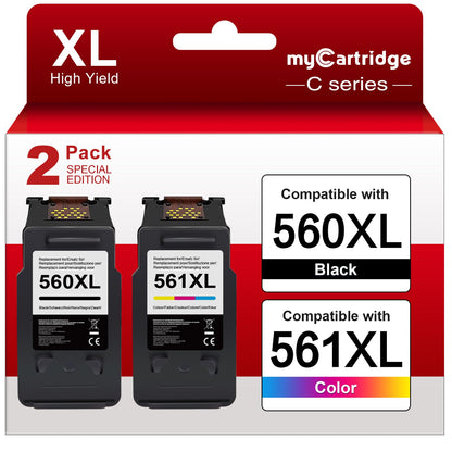 MYCARTRIDGE PG-560XL CL-561XL Druckerpatronen für Canon, 2er-Pack in Schwarz und Farbe