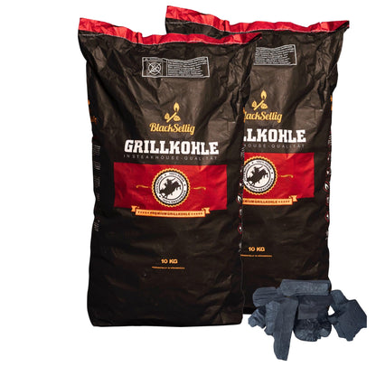 BlackSellig Steakhouse Grillkohle Quebracho Blanco Holzkohle 20 kg, grobe schwarze Holzkohlestücke
