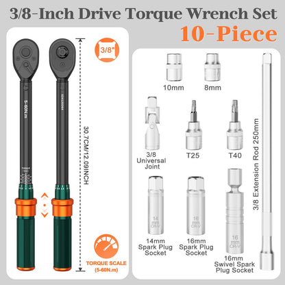 NADOKHI Drehmomentschlüssel Set 3/8 Zoll, 5-60 Nm, 72 Zähne, 10-tlg.