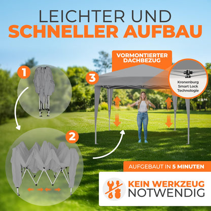 Kronenburg Faltpavillon 3 x 3 m, wasserdicht, UV-Schutz 50+, Grau