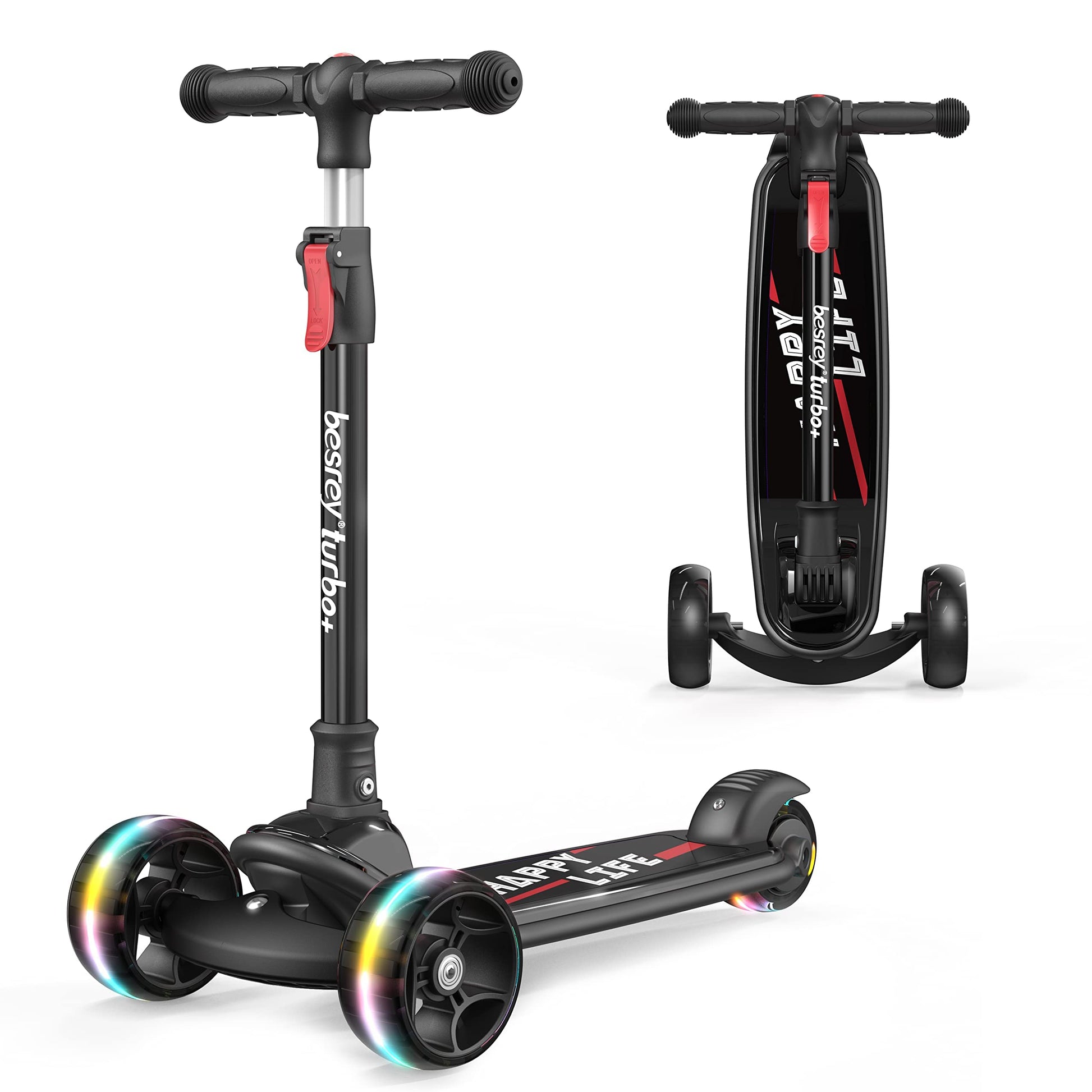 besrey Dreirad Kinder Roller – Faltbar, mit LED Leuchträdern. Kompakter Falt-Roller mit drei Rädern und LED-Beleuchtung für spielendes Fahren.