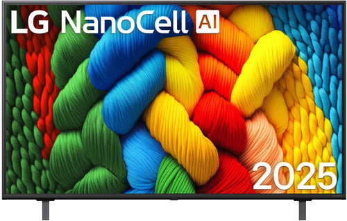 LG 50NANO80A6B NanoCell 4K TV - 50 Zoll (Modell 2025). Schwarzer, rechteckiger Fernseher mit schlankem Rahmen. Für brillante 4K-Heimkinoerlebnisse.
